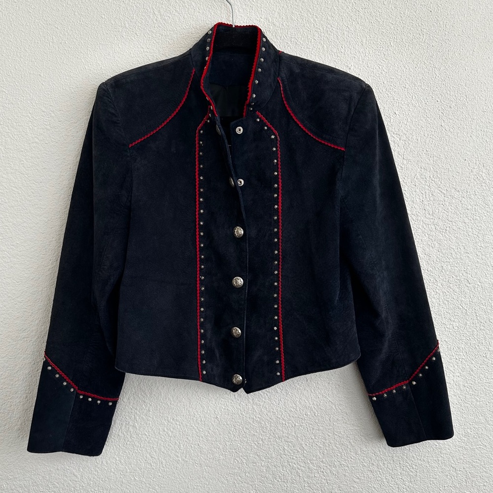 Patricia Wolf Suede Western Leather Cowgirl Jacket Navy Blue with Red Accents